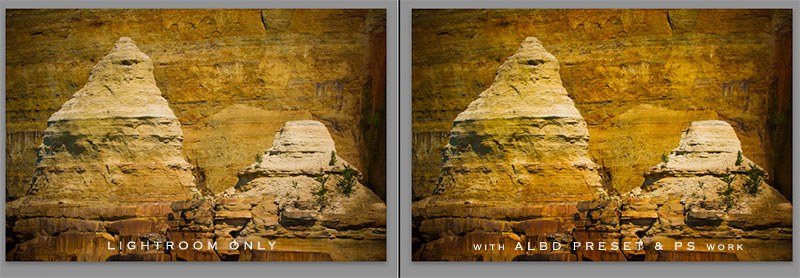 Before only using LR adjustments / After with LR Preset + PS Adjustments